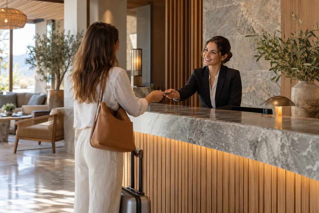 Guest welcomed at hotel front desk